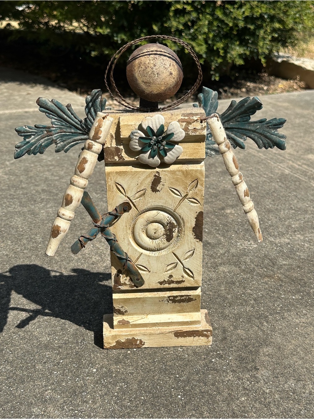 Handcrafted Rustic Angel Table Sculpture in Cream and Teal